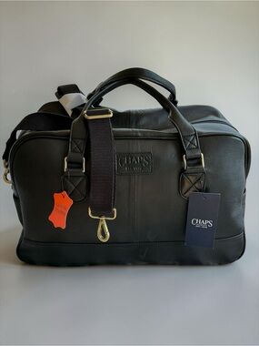 Chaps Genuine Leather Duffle Bag Carry On Travel Weekender Black Ralph Lauren